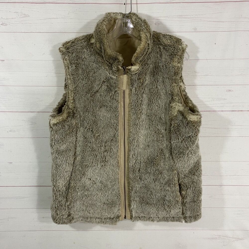 Old Navy Womens Reversible Faux Fur Vest Sz Large Brown/Beige Zip Front Pockets